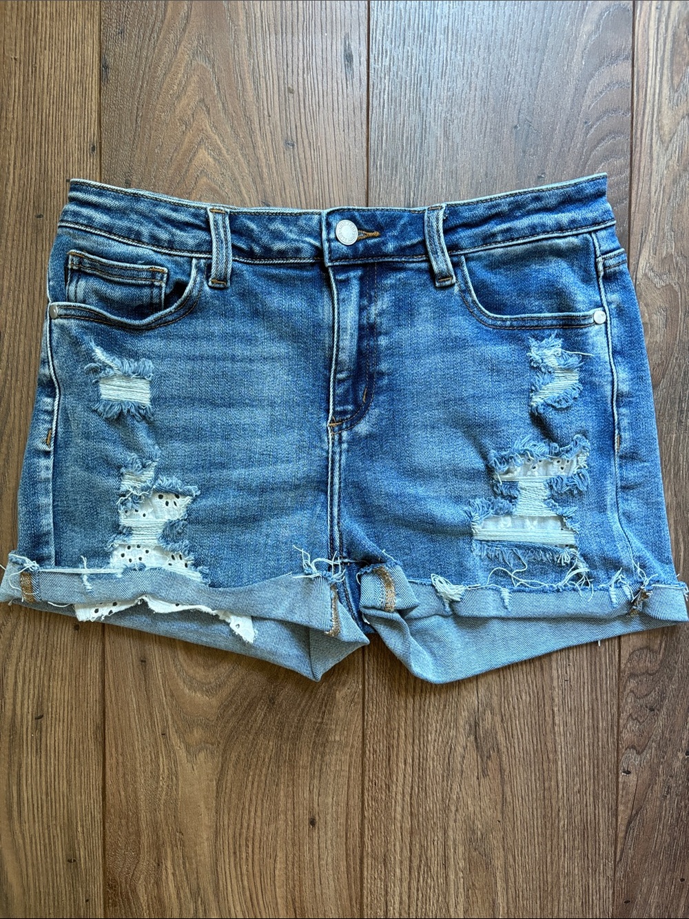 Judy Blue Distressed Medium Blue Rolled Hem Denim Shorts